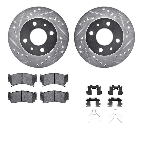 Dynamic Friction Company Front Brake Rotors-Drilled and Slotted-Silver with 5000 Advanced Brake Pads includes Hardware 7512-67045