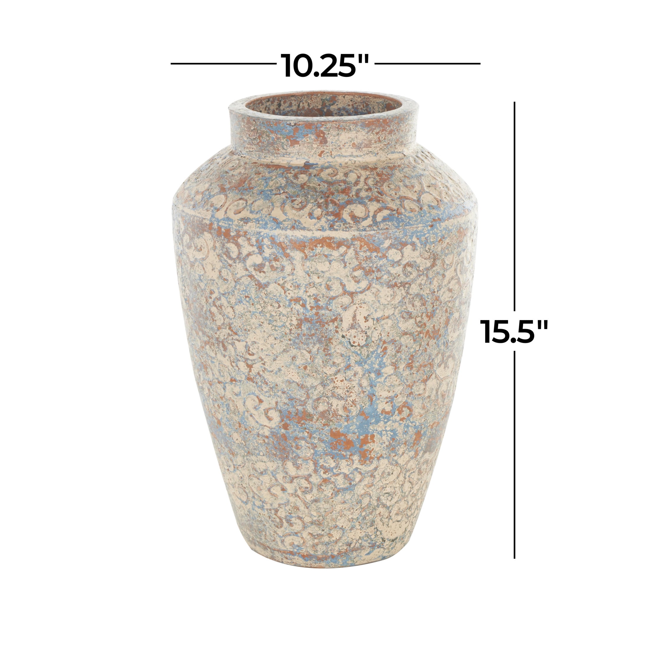DecMode 16" Scroll Handmade Antique Style Beige Ceramic Vase with Blue and Copper Accents