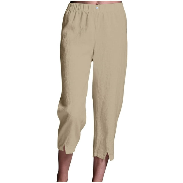 Maplenight Ladies' Cotton Linen Pants, Capris Pants Solid Color Elastic Waistband Casual Straight Leg Pants With Pockets Inch Pants Legs Split Beach Vacation Clothes 2025 on Clearance