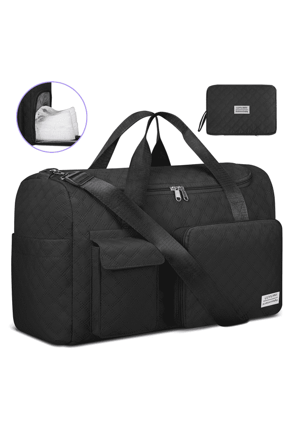 Travel Duffle Bag for Women Men, Foldable Weekender Bags Carry on Gym Bag with Wet Pocket/Adjustable Strap/Shoe Compartment, Waterproof Overnight Tote Bag for Plane Sports Dance, Black