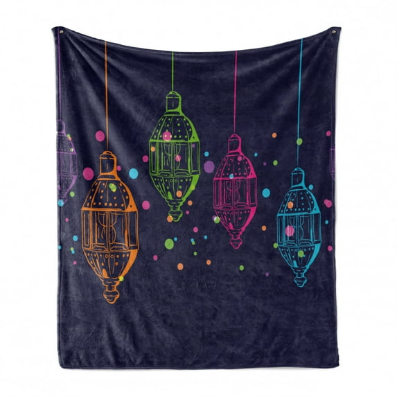 Lantern Soft Flannel Fleece Blanket, Candles in Night Sketch Various Colors Dots Motifs Vivid Illsutration, Cozy Plush for Indoor and Outdoor Use, 50" x 60", Dark Purple Multicolor, by Ambesonne