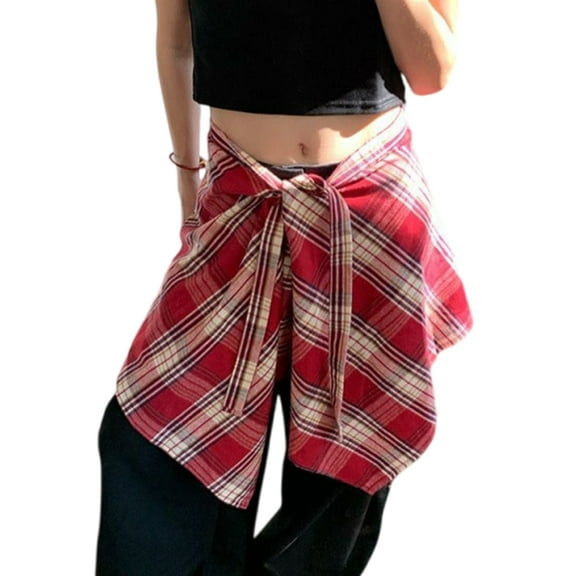 Huhudde Unisex Checkered Layered Short Wrap Skirt Irregular Pleated Apron Skirt Tie Up A Line Hip Scarf Overskirt Shirt Extender