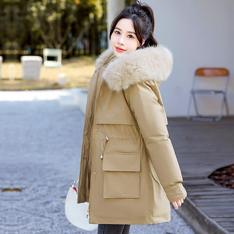 Fesfesfes Women Winter Lapel Jacket Warm Overcoat Fur-Collar Zipper Thicker  Coat Outerwear Sale on Clearance