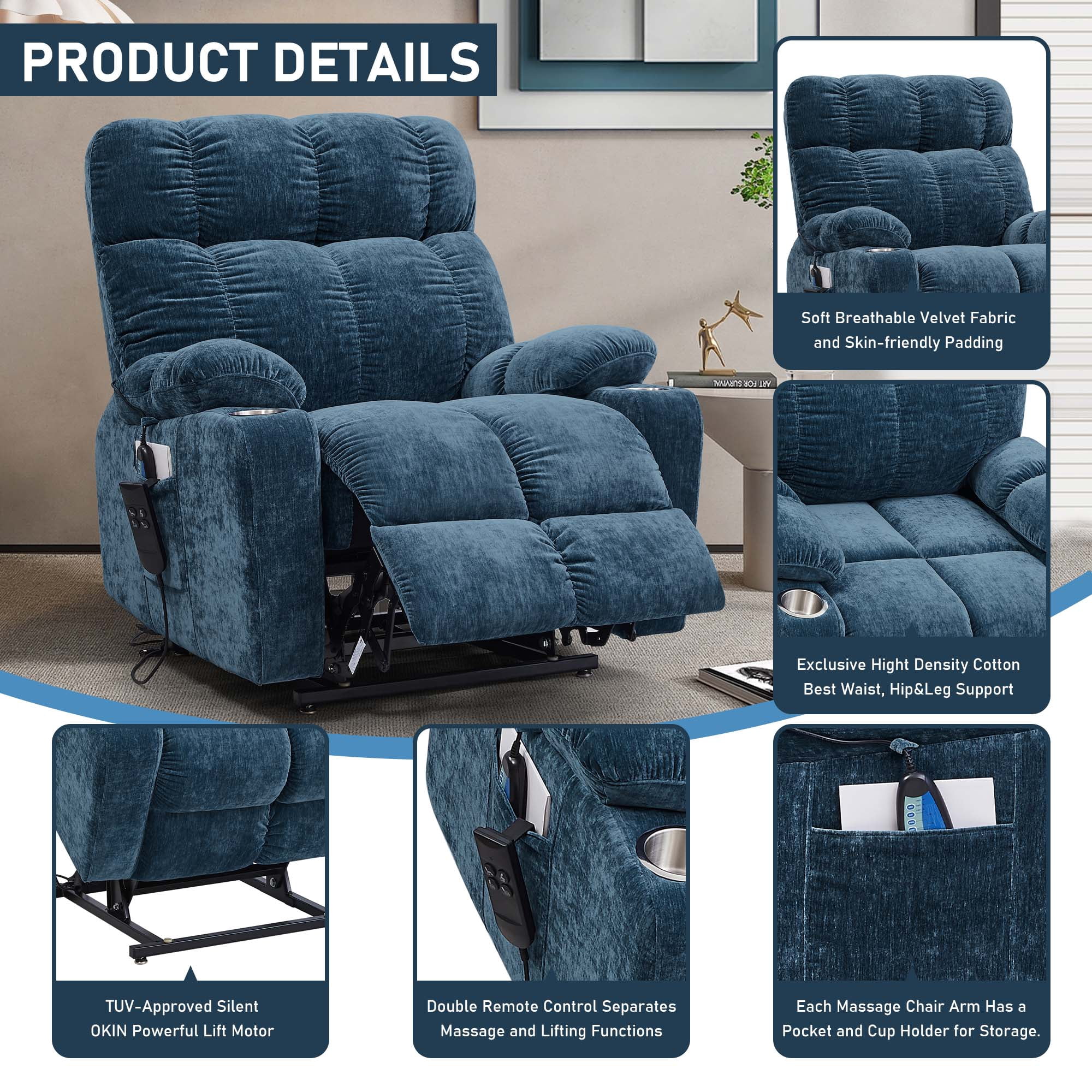 Momspeace Power Lift Recliner Chair Recliners for Elderly with Heat and Massage Recliner Chair for Living Room - Blue