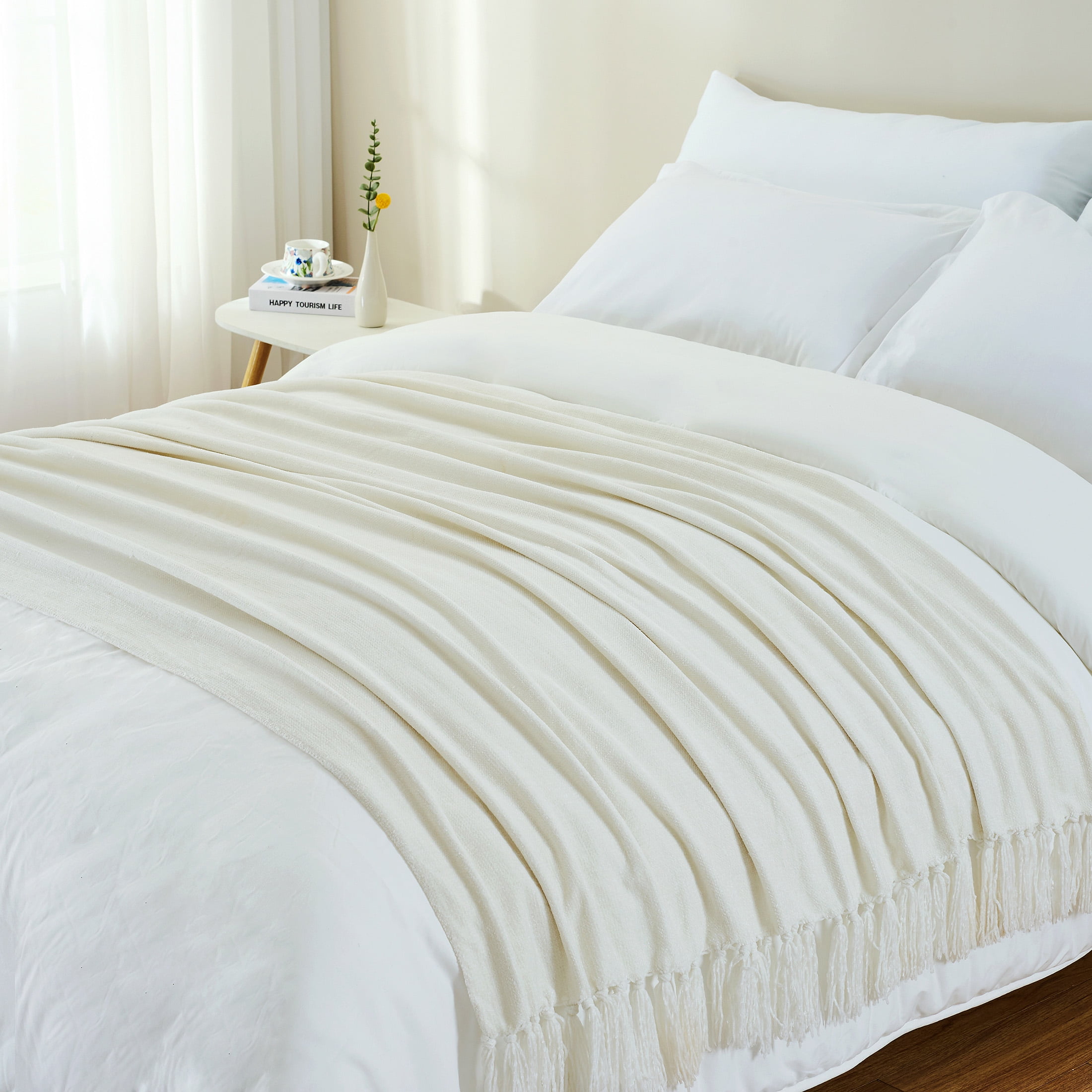 LONG CREATE Chenille Throw Blanket with Fringe Tassel for Couch Sofa Chair Bed, White 60" x 80"