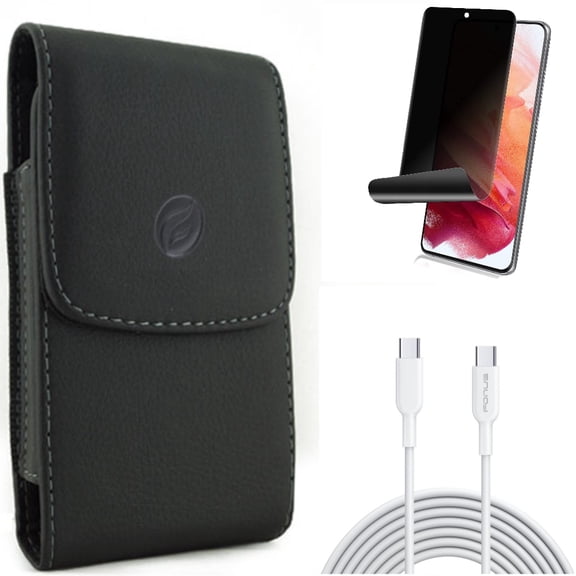 Privacy Screen Protector w 10ft Long Type-C Cable w Case Belt Clip for Samsung Galaxy S21 Plus - TPU Film Fingerprint Works, Fast Charger Cord PD, Leather Holster Accessory Bundle