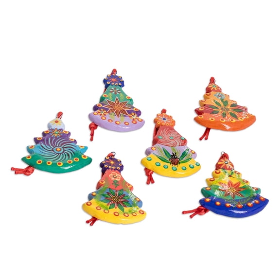 NOVICA Ceramic ornaments, 'Christmas Tree' (set of 6)