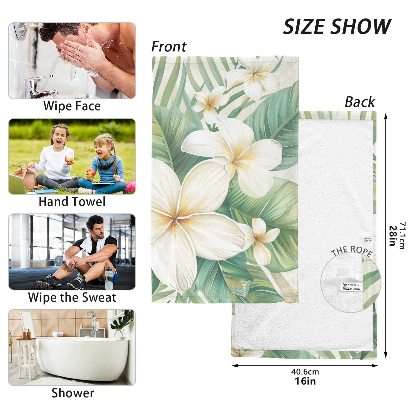 White Flower Green Leaves Hand Towels Cotton Bath Towels Large Face Towels Absorbent for Bathroom 2 Packs