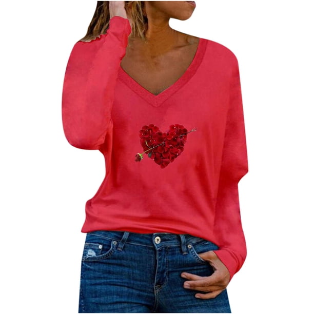 Camiseta de manga larga informal con cuello en V para mujer Pompotops gfhjh22125
