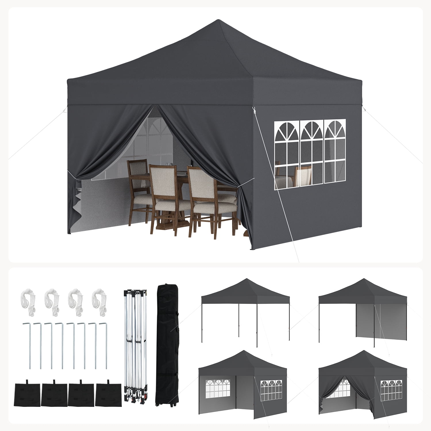 BaPiPro 10'x10' Pop Up Canopy Tent with 4 Removable Sidewalls, Adjustable Height Instant Outdoor Canopy, Portable Sun Shade Shelter with 4 Sandbags, Easy Setup for Parties, Camping, Events, Gray