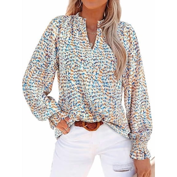 FreshPretty Womens V Neck Floral Long Sleeve Tops Summer Casual Loose Puff Sleeve Chiffon Boho Work Blouse Dressy T Shirts