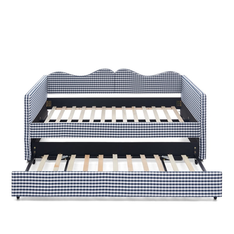 Full Size Gingham Daybed with Trundle, Upholstered Day Bed Frame with Side Storage Pocket & Wave-Shaped Backrest, Modern Sofa Bed for Living Room, Bedroom, No Box Spring Needed