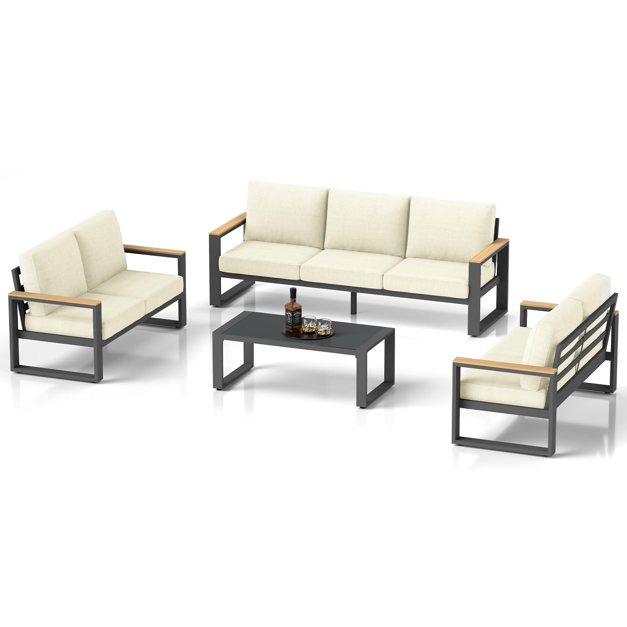 May in Color Aluminum Patio Furniture Set, 7-Seats Metal Outdoor Furniture Set with Coffee Table, Modern Patio Sofa Sets Outdoor Conversation Set for Garden Pool Porch Backyard, Beige