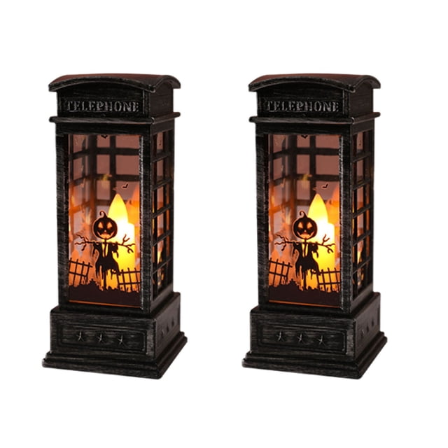 B Halloween Telephone Booth Electronic Candle Light Decoration Led Lantern With Spooky Design Battery Operated For Party Home Decor Set Of 2