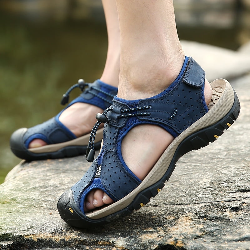 Mens Sandals Sports Outdoor Hiking Sandals Leather Walking Sandal Shoes Summer Casual Athletic Beach Comfortable Toecap Adjustable 