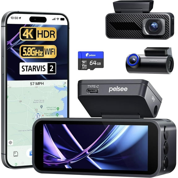 Pelsee P1 Pro Dash Cam Front and Rear, STARVIS 2 Sensor, 64GB Card, with Full-Color Night Vision, HDR WDR, ADAS, GPS, WiFi & Voice Control, 24H Parking Mode, 3.39" Screen