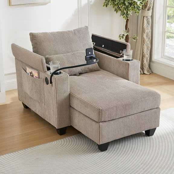 37.4" Corduroy Convertible Sofa Chair with Storage, USB Ports & Lumbar Pillow, Sleeper Design,Gray