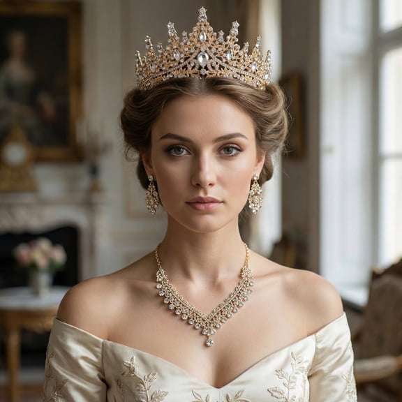 MIALLO Luxury Gold Wedding Jewelry Set for Brides, Sparkling Crystal Tiara Necklace and Earrings 4-Piece Set, Royal Bridal Accessories