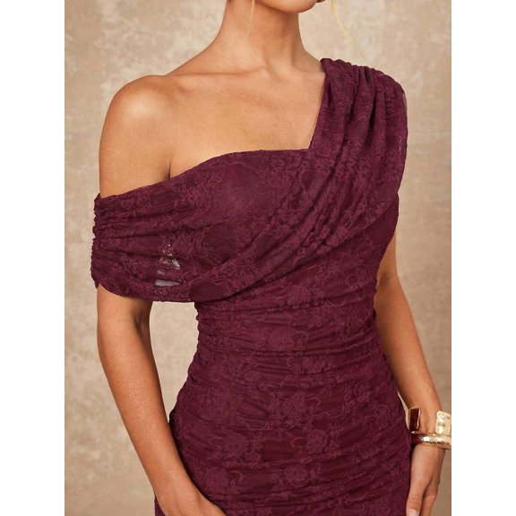 Burgundy One Shoulder Ruched Lace Bodycon Maxi Dress With Draped Asymmetrical neckline