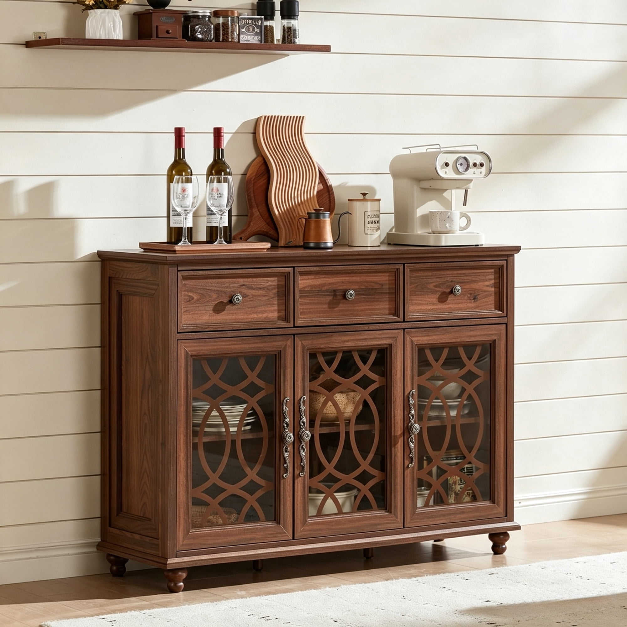 Buildhom 48" Sideboard Buffet with 3 Glass Doors & Drawers, Adjustable Shelves Coffee Bar Cabinet for Dining Room, Living Room, Brown