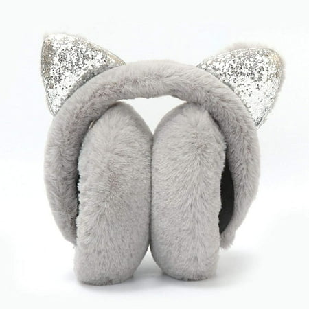 Girls Foldable Cat Ear Earmuffs - Plush Ear Warmers, Sequin Design, Adjustable, Perfect Winter Gift