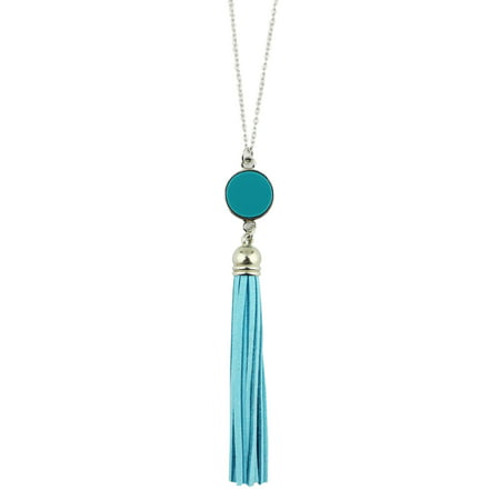 stylesilove Womens Girls Colorful Resin Alloy Leather Tassel Pendant Statement Necklace (Silver Aqua)