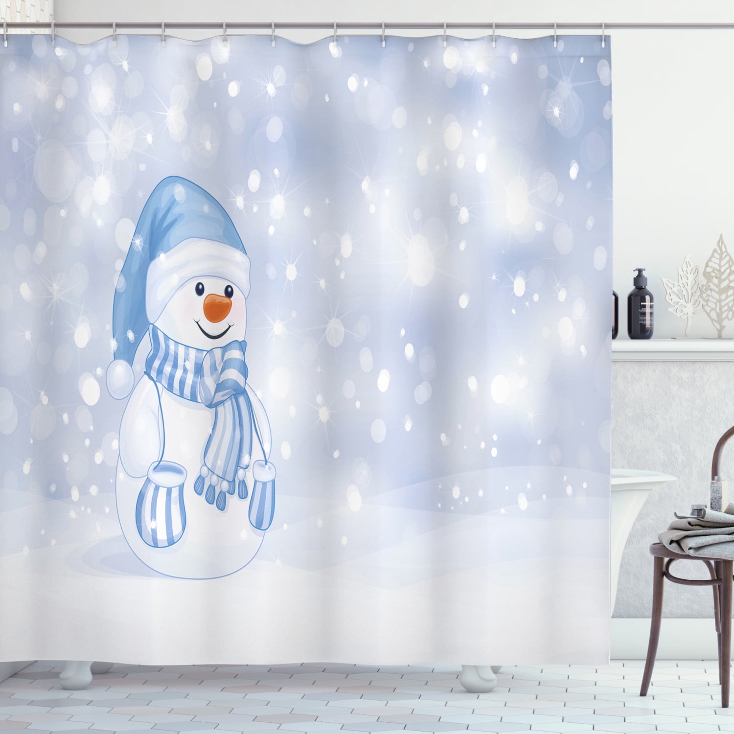 Cartoon Design Merry Christmas Snowman Fabric Shower Curtain Set Bathroom Decor 