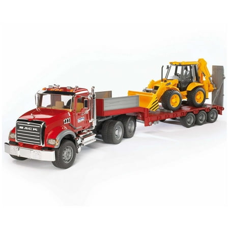 Bruder Toys Mack Granite Flatbed Truck w/ Low Loader & JCB Loader Backhoe 02813