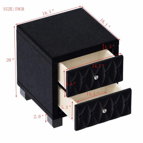 Elegant Velvet Nightstand with 2 Drawers and Crystal Knobs, Button-Tufted Storage Bedside Table, Black
