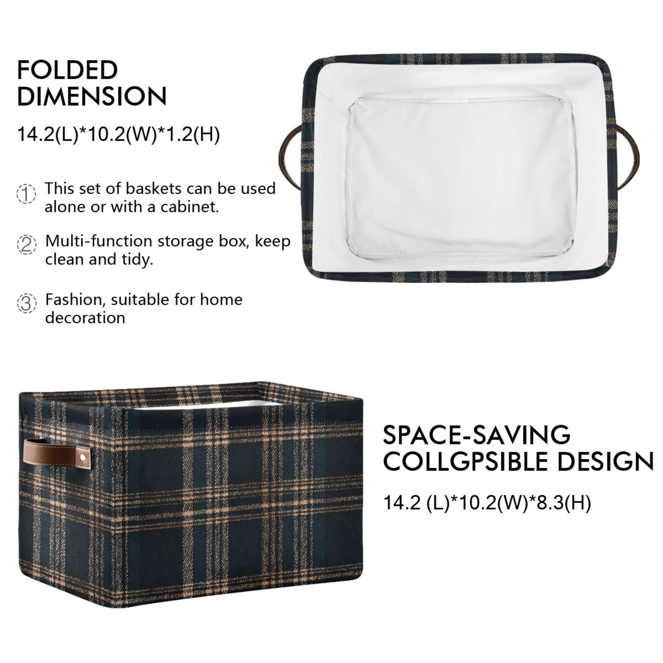 2 Pack Storage Bins with Handle Fabric Organizer Basket Foldable Box Dark Green Brown Tartan 14.2x10.2x8.3