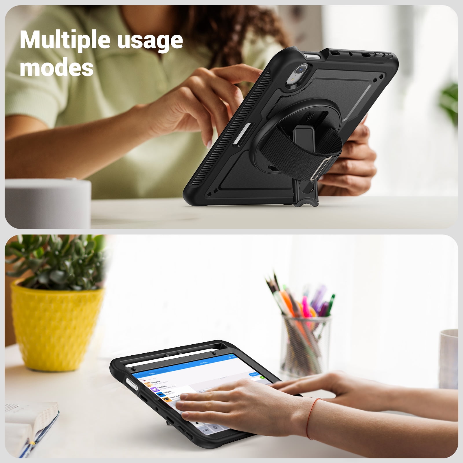 ELEHOLD Rugged Case For Apple iPad 11th(A16) 2025/10th Gen 2022,360 Rotating Stand Hand Strap Shoulder Strap Pencil Holder Full-Body Heavy Duty Shockproof Protective Case,Black