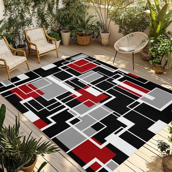 Red Black Geometric Outdoor Rug for Patio/Deck/Porch, Non-Slip Large Area Rug 4 x 6 Ft, Modern Color Block Abstract Indoor Outdoor Rugs Washable Area Rugs, Reversible Camping Rug Carpet Runner