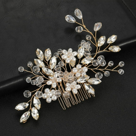 D-GROEE Wedding Hair Accessories for Brides Flower Hair Comb Bridal Faux Pearl Crystal Hair Clip Hair Pieces Gold Bridal Headpieces for Wedding
