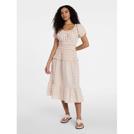 Time and Tru Women's Smocked Cotton Peasant Dress with Short Sleeves, Sizes XS-XXXL