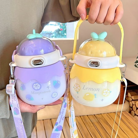 

Hesroicy 1000ml Water Bottle Large Capacity Leak Proof Food Grade Shoulder Strap Shatter-proof Daily Drinking Portable Kawaii Children Straw Water Cup School Supply