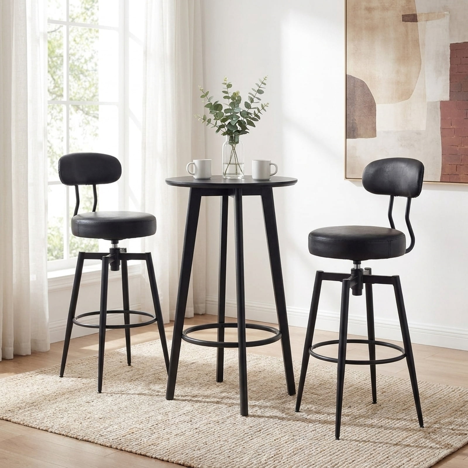 Furnibear Set of 2 Swivel Barstools Faux Leather with Upholstered Seat and Back for Kitchen Island Counter Bar Pub Dining Home, Black