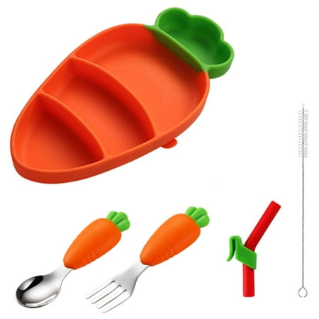 

Pnellth Carrot Silicone Plate Set Suction Cup Anti-tip Baby Bowl with Straws Cutter Forks Safe Easy Self-feeding Plate for Toddlers