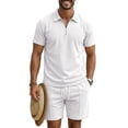 thumbnail image 2 of Tqyyweavej Men's 2 Piece Waffle Beach Outfits Quarter-Zip Short Sleeve Lapel Collar Tshirts and Drawstring Solid Color Board Shorts with Pockets, 2 of 10