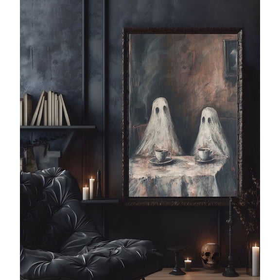 Two Ghost Drink Coffee, Sitting On The Table Poster Print, Halloween Poster, Poster For Halloween, Wall Art Halloween, Ghost Dink Coffee Art