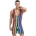 thumbnail image 2 of Zaldita Men's Striped Sleeveless Boxer Shorts Leotard Deep U Neck Racerback Slim Fit Rompers Rainbow M, 2 of 6