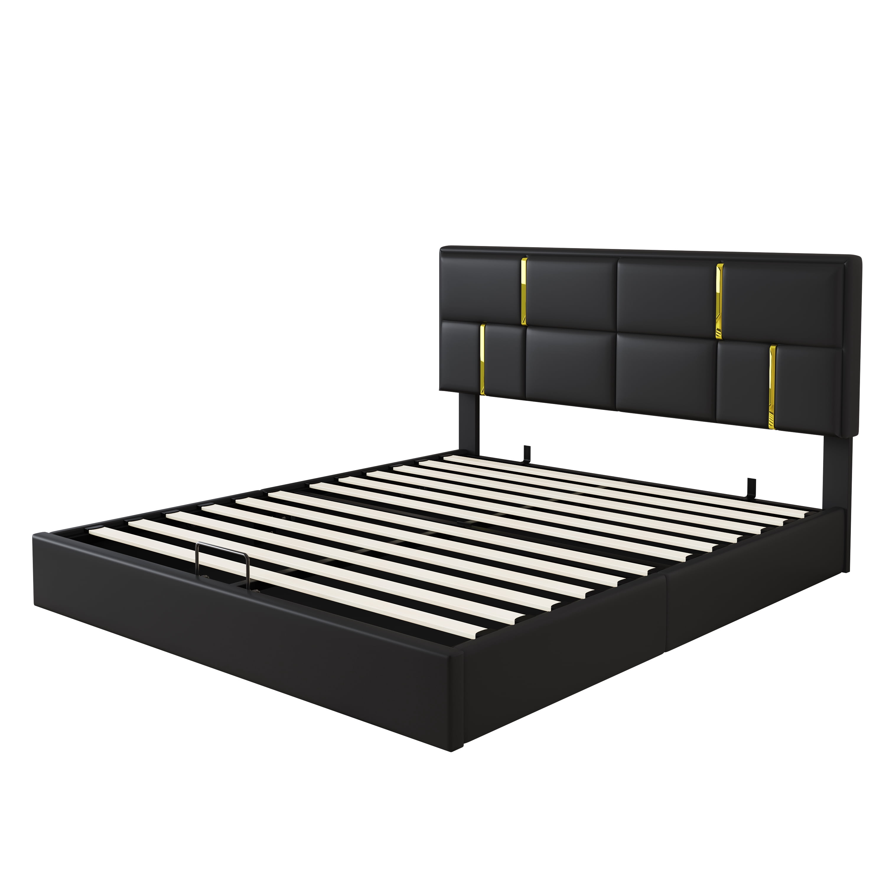 Mintazer 2 Pieces Bedroom Set, Queen Size Upholstered Platform Bed with Hydraulic Storage & Matching Storage Ottoman, Modern Tufted Bed Frame with Gold Accents for Bedroom, Black