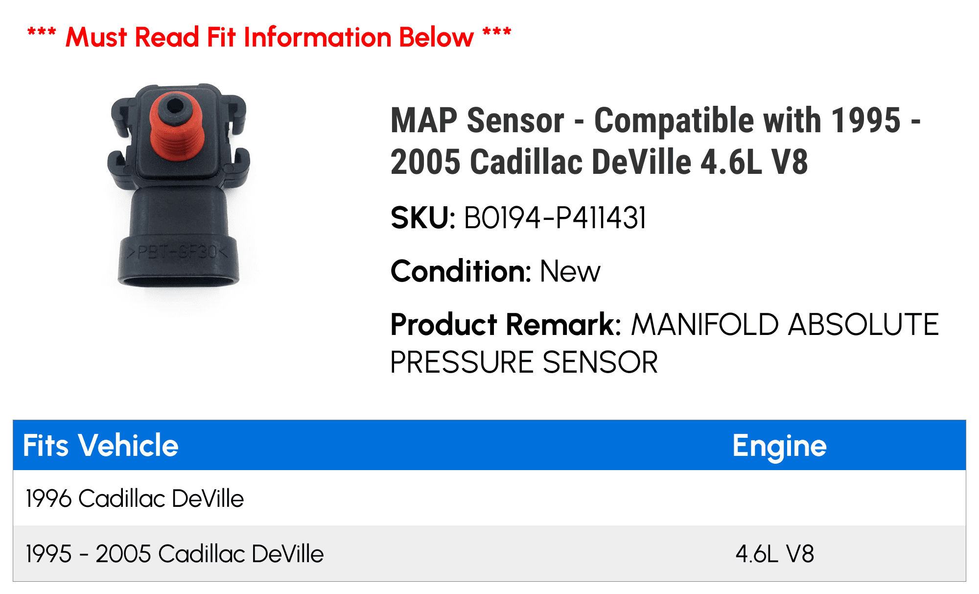 MAP Sensor - Compatible with 1995 - 2005 Cadillac DeVille 4.6L V8 1996 1997 1998 1999 2000 2001 2002 2003 2004