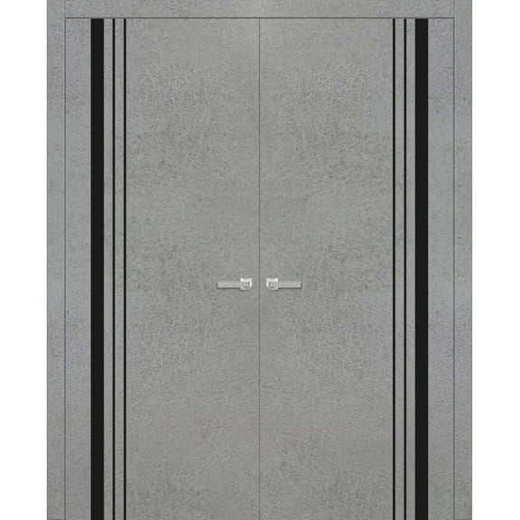 Solid French Double Doors 36 x 80 inches | Planum 0011 Concrete with Frosted Glass | Wood Solid Panel Frame Trims | Closet Bedroom Sturdy Doors