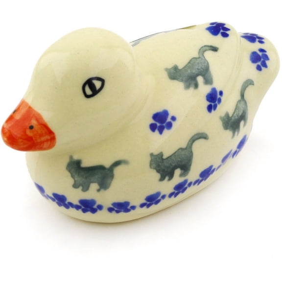 Polish Pottery 3¾-inch Duck Figurine (Boo Boo Kitty Paws Theme) Hand Painted in Boleslawiec, Poland Certificate of Authenticity