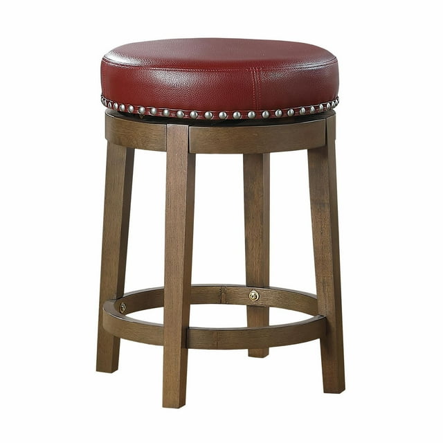 Round swivel counter height stool featuring a red faux leather cushioned seat with nailhead trim and sturdy wooden legs.