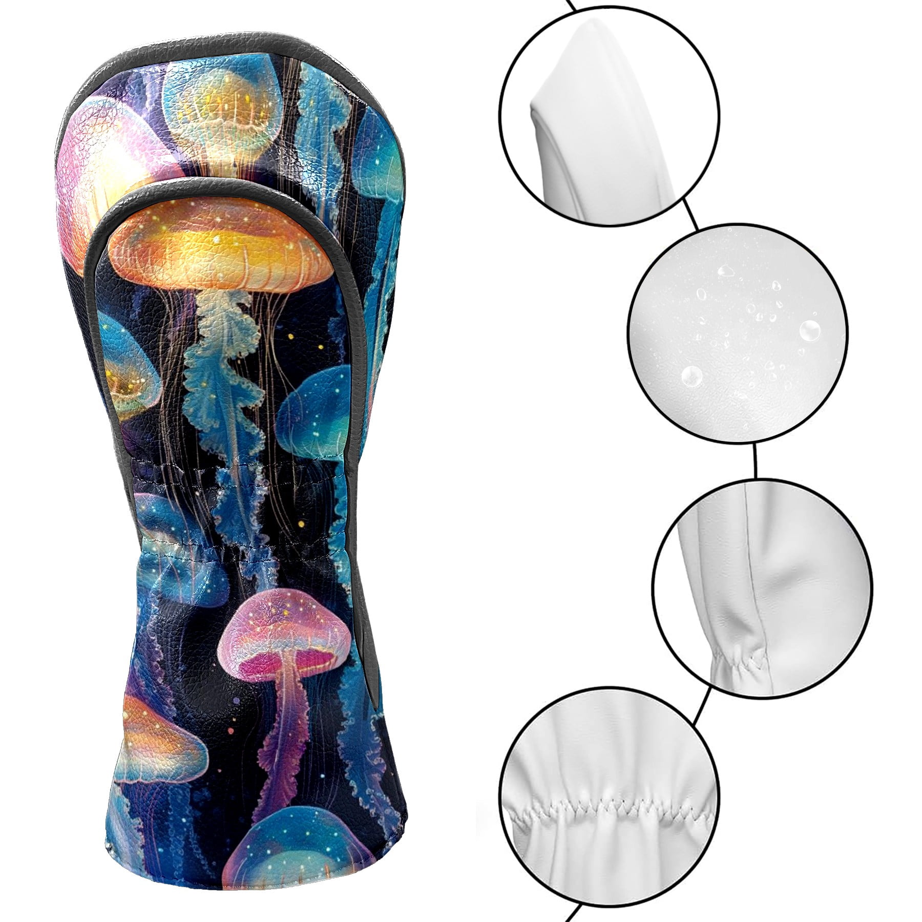 Golf Head Covers Sea Jellyfish Design for Driver, Wood & Hybrid, Premium Waterproof PU Leather with Plush Lining, Unique Oceanic Golf Gifts