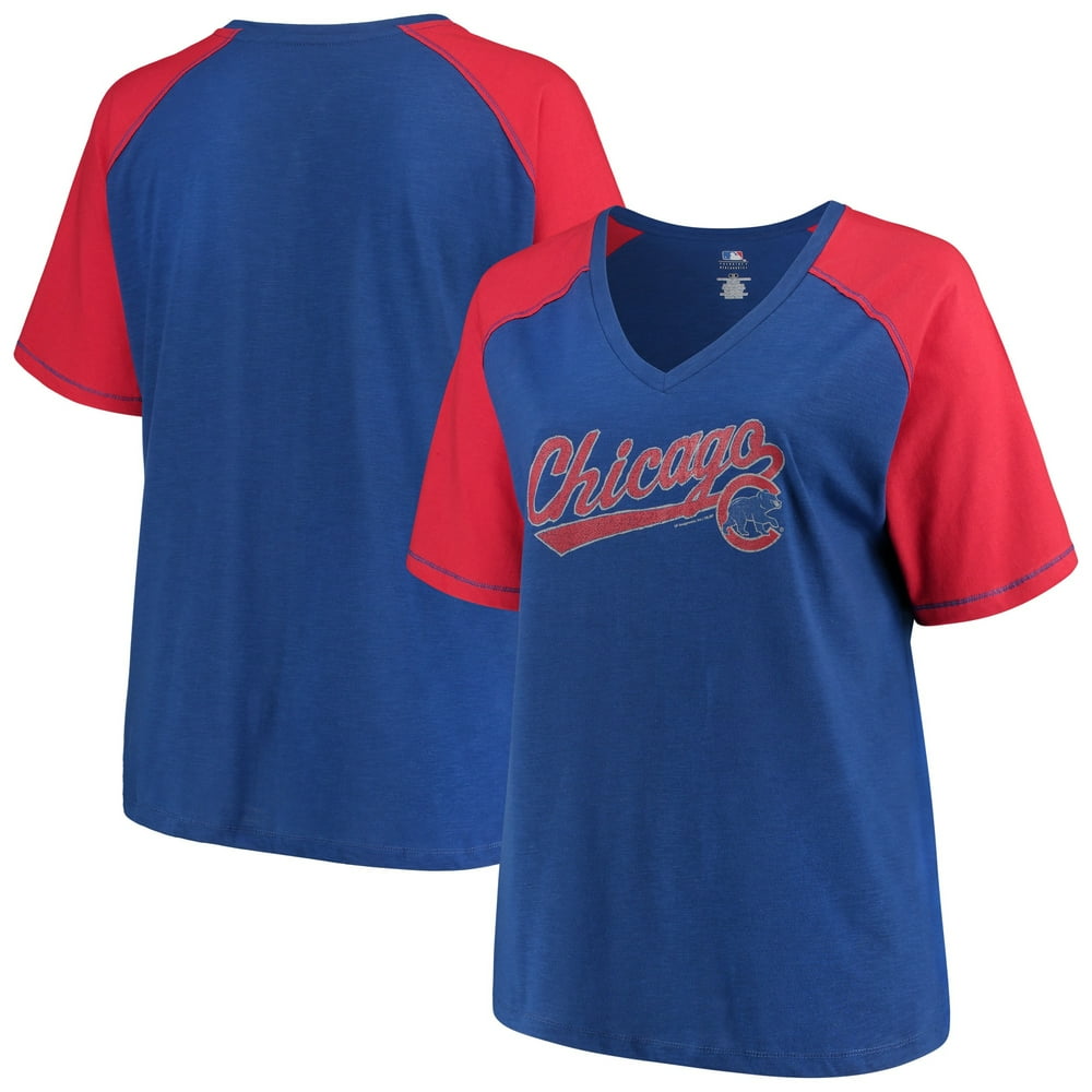 Women's Majestic Royal/Red Chicago Cubs Plus Size High Percentage Raglan V-Neck T-Shirt