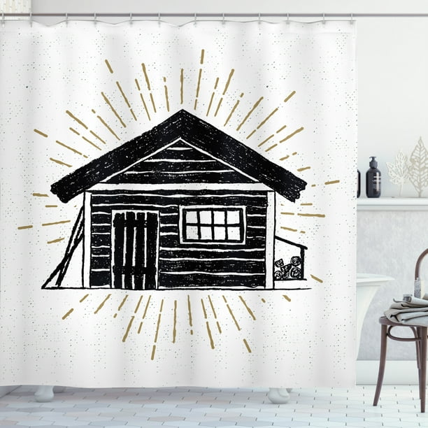 Log Cabin Shower Curtain Grunge Style Hand Drawn Sketch Of A Simple Wooden Art Print Fabric Bathroom Set With Hooks White And Charcoal Grey By Ambesonne Com Log Cabin Shower Curtain Grunge Style, Log Cabin Shower Curtain Hooks
