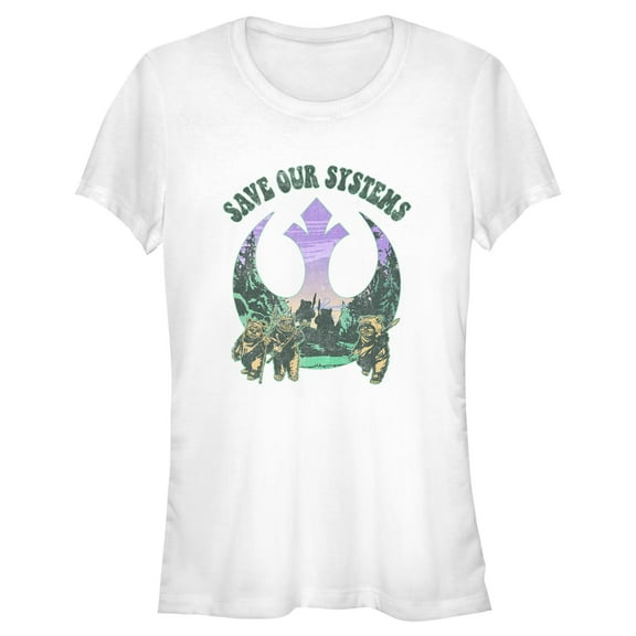 Junior's Star Wars Ewoks Save Our Systems Retro  Graphic Tee White Medium