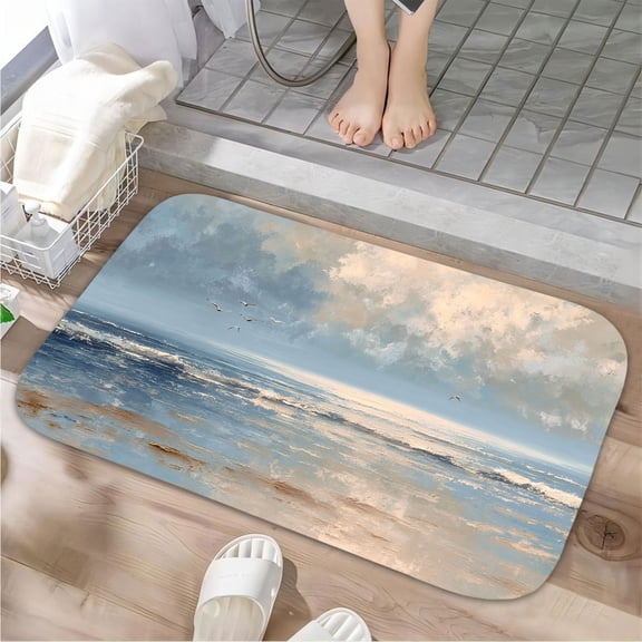1pc Seascape with Flying Birds Absorbent Non-Slip Bathroom Thickened Flannel Rug Decor,Soft,Quick Drying,Suitable For Indoor/outdoor Use,Bathrooms,Bedrooms,Kitchens,Terrace,Laundry Rooms,16"x24"